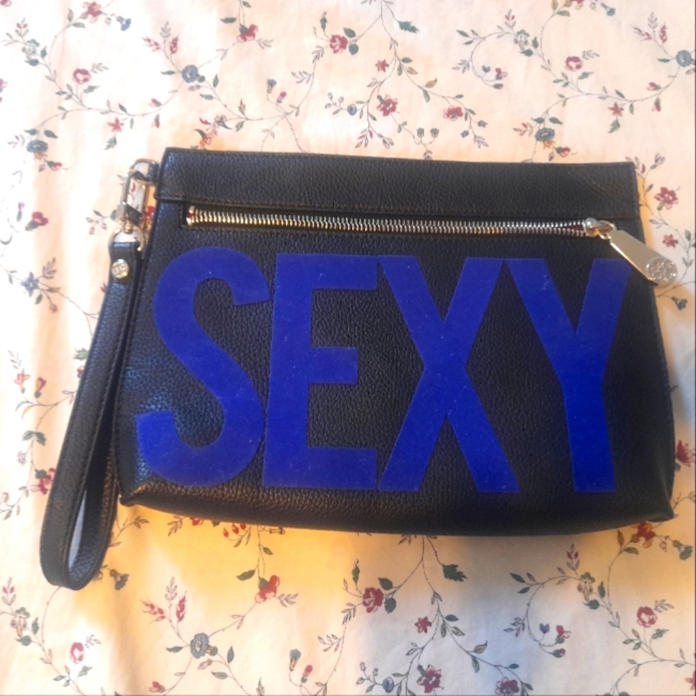 V 73 Black Wristlet Clutch with Blue Suede Design *Vintage*